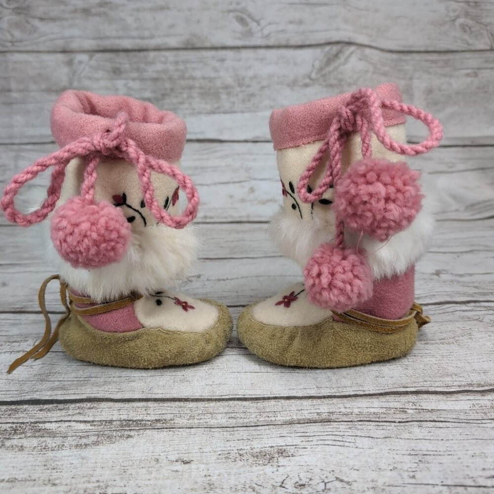Handmade Native American Mukluk Leather With Fur Boots Youth Size 4 - Picture 7 of 9